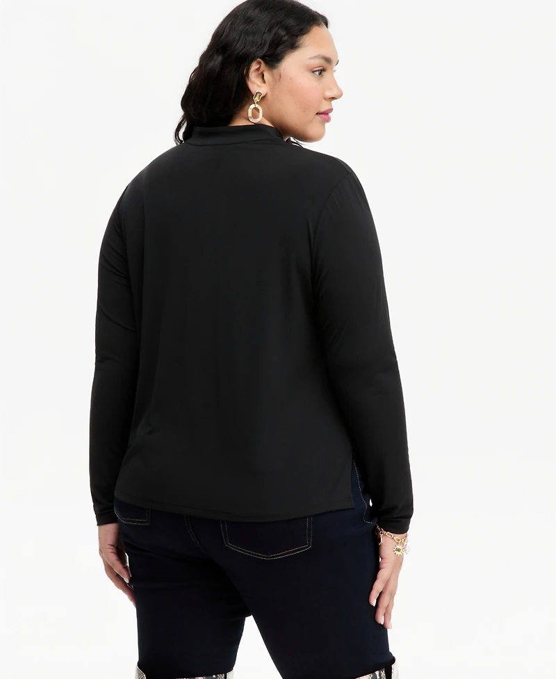 I.n.c. International Concepts Plus Women's Split Band-Collar Long-Sleeve Knit Top, Macy's Exclusive