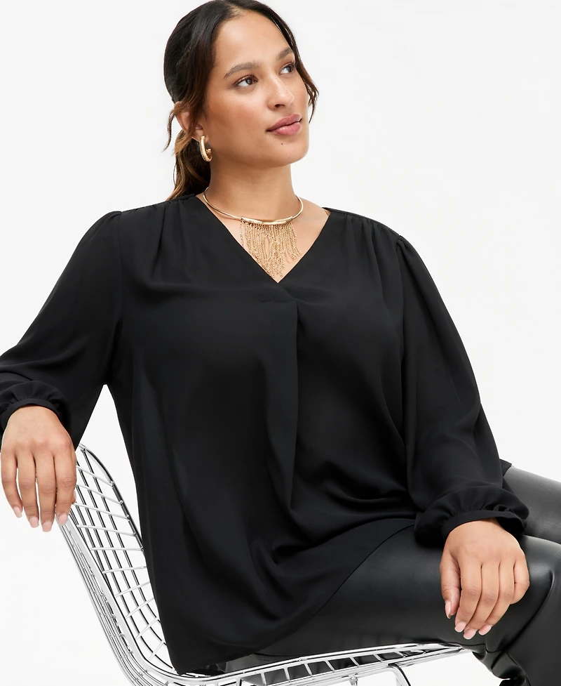 I.n.c. Plus Size Long-Sleeve V-Neck Pleated Blouse, Macy's Exclusive