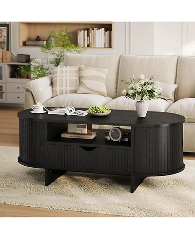 Oval Coffee Table, 47.2" Fluted Table with Storage, Center Drawer and Sliding Doors, Indoor Living Room for Small Spaces
