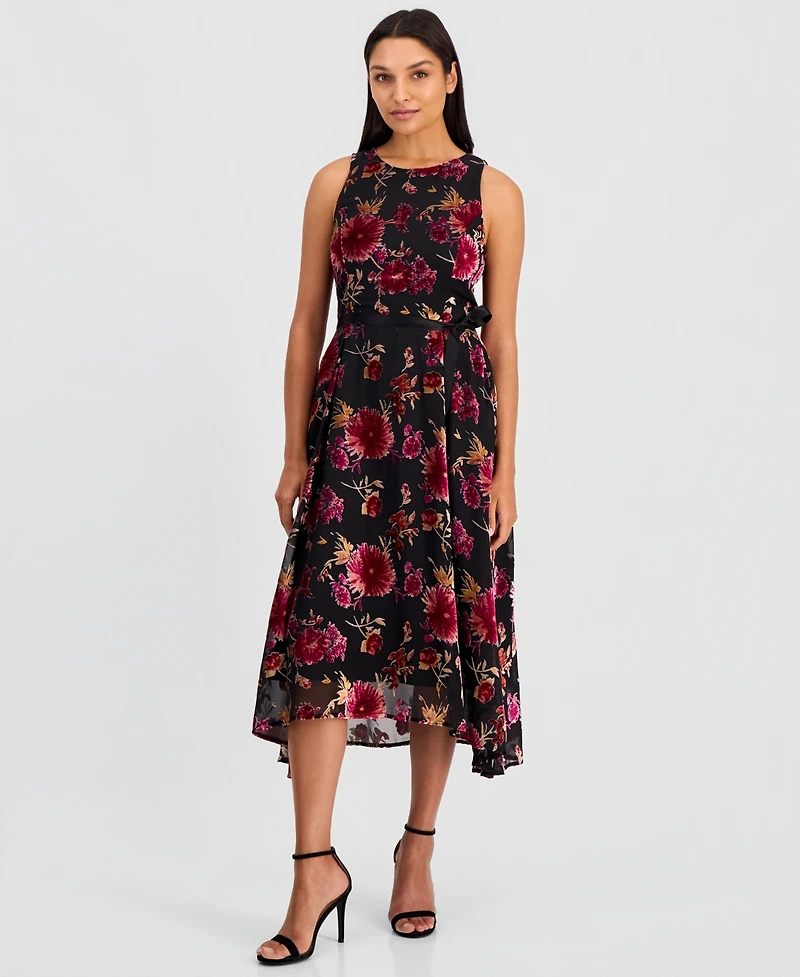 Tahari Asl Women's Burnout Sleeveless Tie-Waist High-Low-Hem Dress