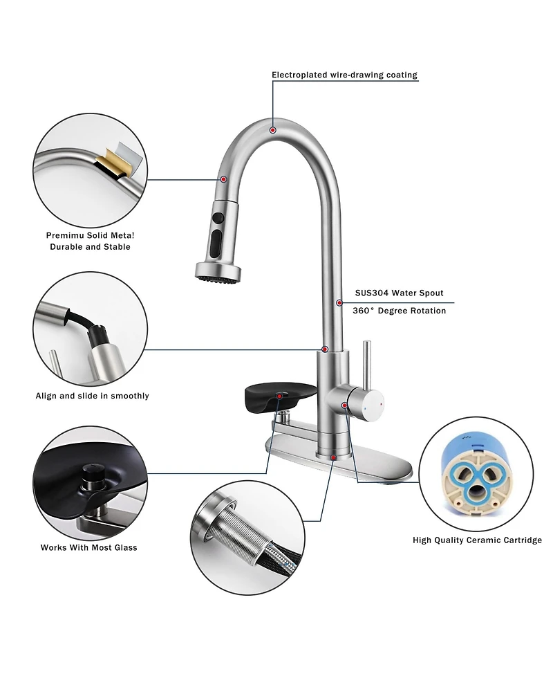 Phying 3-in-1 Kitchen Faucet with Press-Type Glass Rinser, High-Arc Pull-Down Sprayer Faucet
