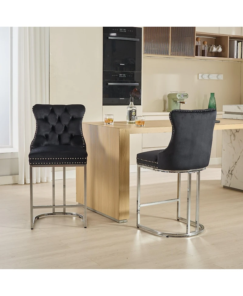 Clihome 25" Counter Height Bar Stools Set of 2, Modern Velvet Barstools with Button BackandRivet Trim Upholstered Kitchen Island Chairs