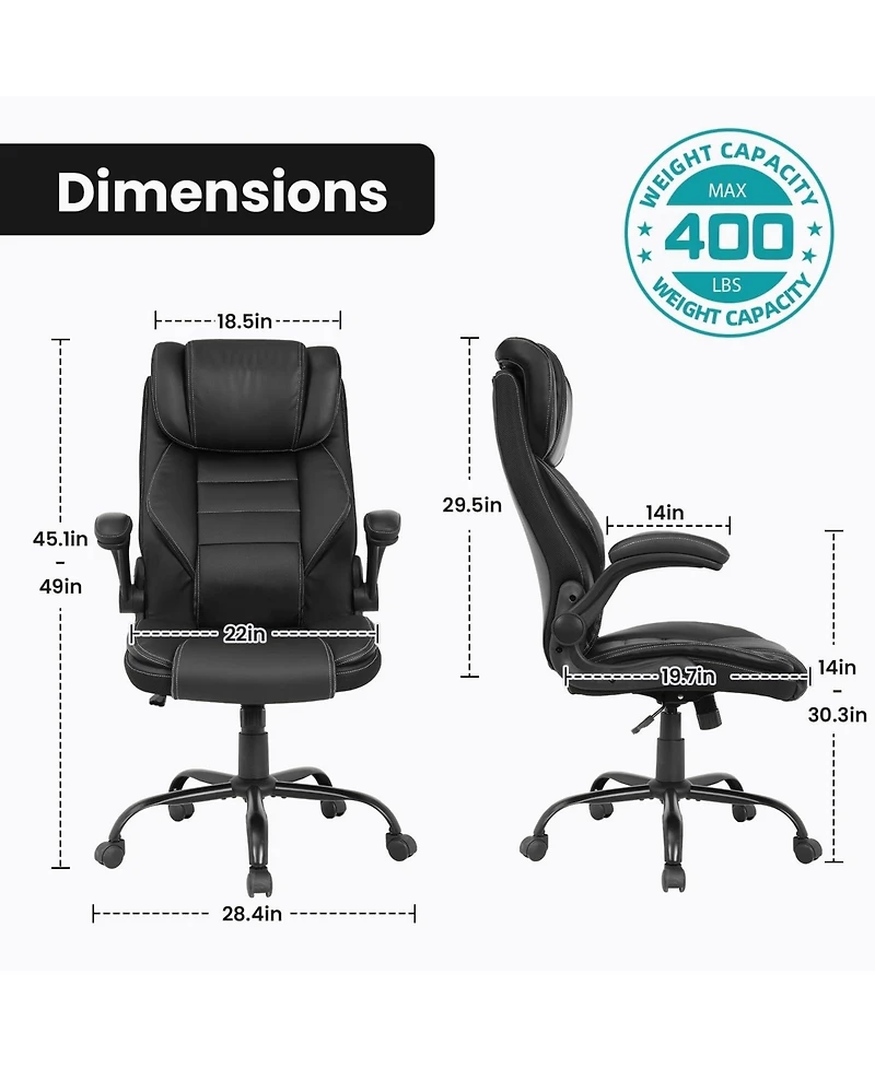 homfan Big and Tall Executive Chair 400 lbs Ergonomic Leather Desk Chair with Lumbar Support and Adjustable Headrest for Long Sitting
