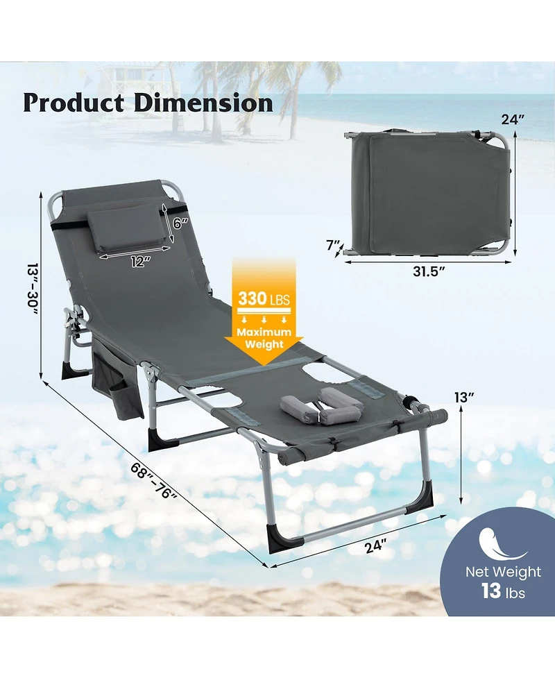 Gymax Outdoor Folding Chaise 5-Position Lounge Chair with Face Hole and Adjustable Footrest