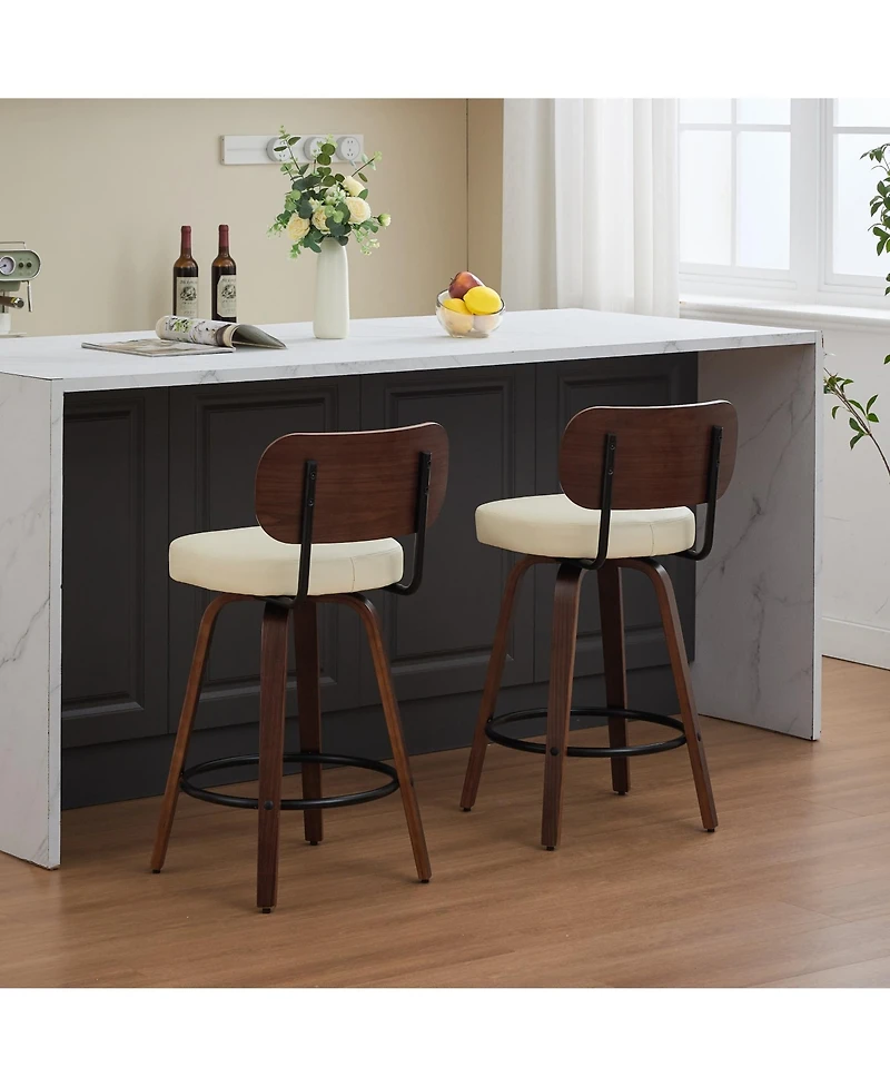 Clihome Swivel Bar Stools Set of 2, 26" Upholstered Faux Leather Counter Height Barstools with Walnut Back and Bentwood Legs,Counter