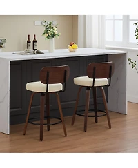 Clihome Swivel Bar Stools Set of 2, 26" Upholstered Faux Leather Counter Height Barstools with Walnut Back and Bentwood Legs,Counter