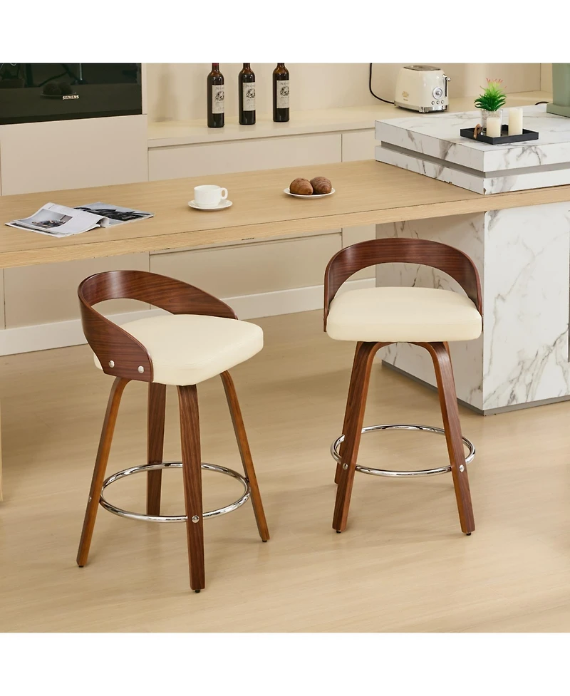 Clihome Bar Stools Set of 2, Swivel Height with Low Back, Wood Chairs Soft Cushion Seat, 25-Inch Seat
