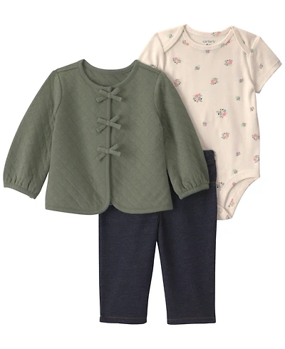 Carter's Baby Girls' Long-Sleeve Cardigan, Bodysuit and Pants, 3-Piece Set