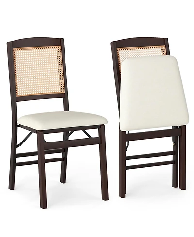 Gymax Folding Dining Chairs Set of 2 w/Linen Padded Seat and Rattan Backrest for Kitchen