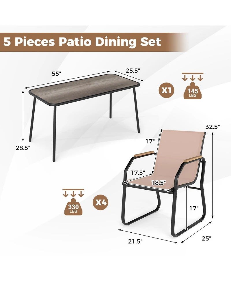 Slickblue 5-Piece Outdoor Dining Set, Rectangular Table with Fabric Chairs