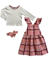 Blueberi Boulevard Girls' 2T-6X Long-Sleeve Top and Plaid Jumper Dress Matching Bow Headband, 3-Piece Set