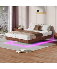 Rainsken Floating Bed Frame with Led Lights, Fluted Wave Curve Wood Frame, Heavy Duty Metal Slats - No Box Spring Needed