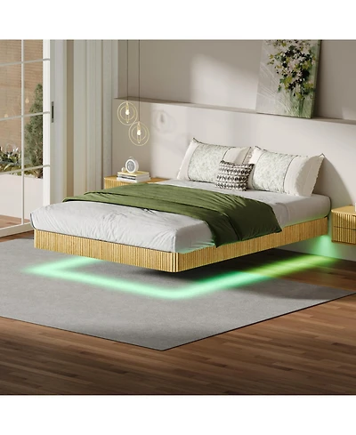 Rainsken Floating Bed Frame with Led Lights, Fluted Wave Curve Wood Floating Bed Frame, with Heavy Duty Metal Slats - No Box Spring Needed