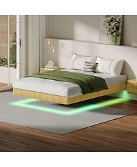 Rainsken Floating Bed Frame with Led Lights, Fluted Wave Curve Wood Floating Bed Frame, with Heavy Duty Metal Slats - No Box Spring Needed