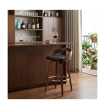HomeRoots 30" Faux Leather and Solid Wood Low Back Bar Height Swivel Bar Chair