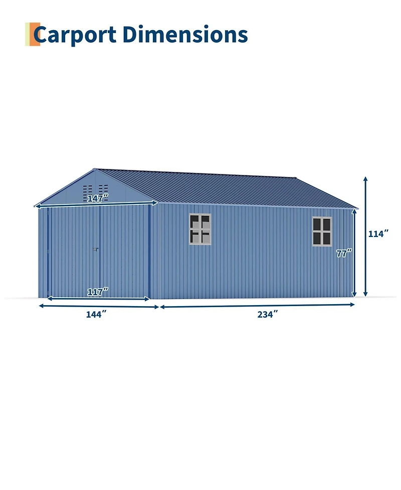 Homfan Fully Enclosed Iron Carport with Double Hinge Doors and 4 Skylight Windows, Heavy Duty Garage Shelter