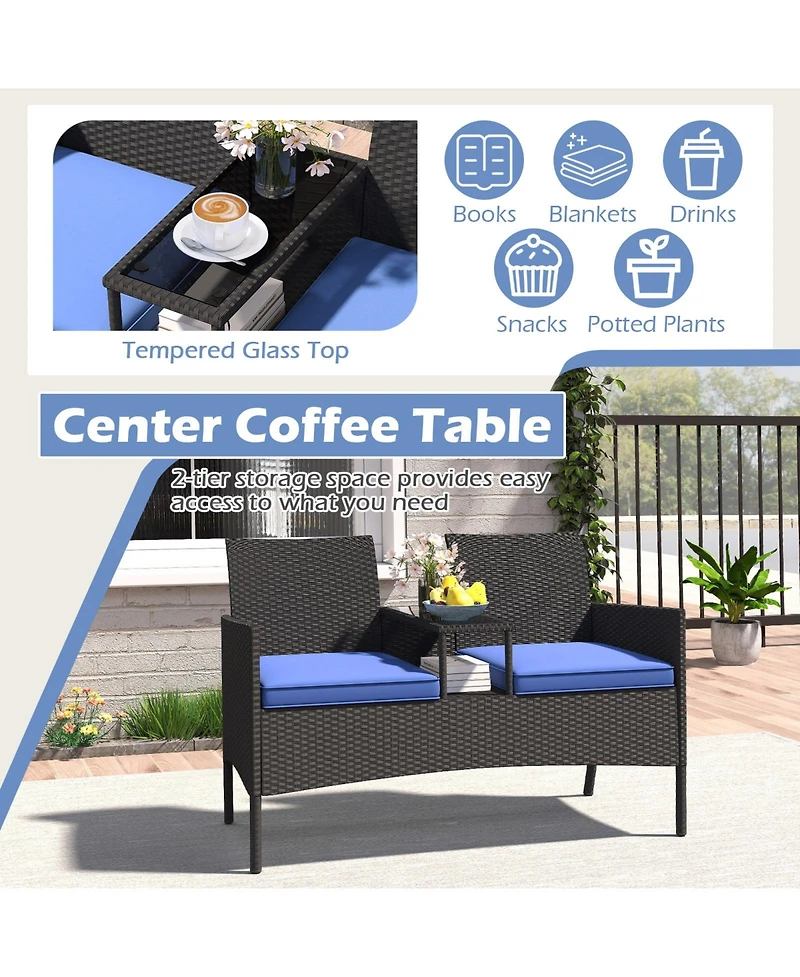 Gymax Patio Loveseat with Built-in Table Soft Cushions and Tempered Glass Tabletop