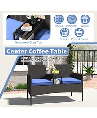 Gymax Patio Loveseat with Built-in Table Soft Cushions and Tempered Glass Tabletop