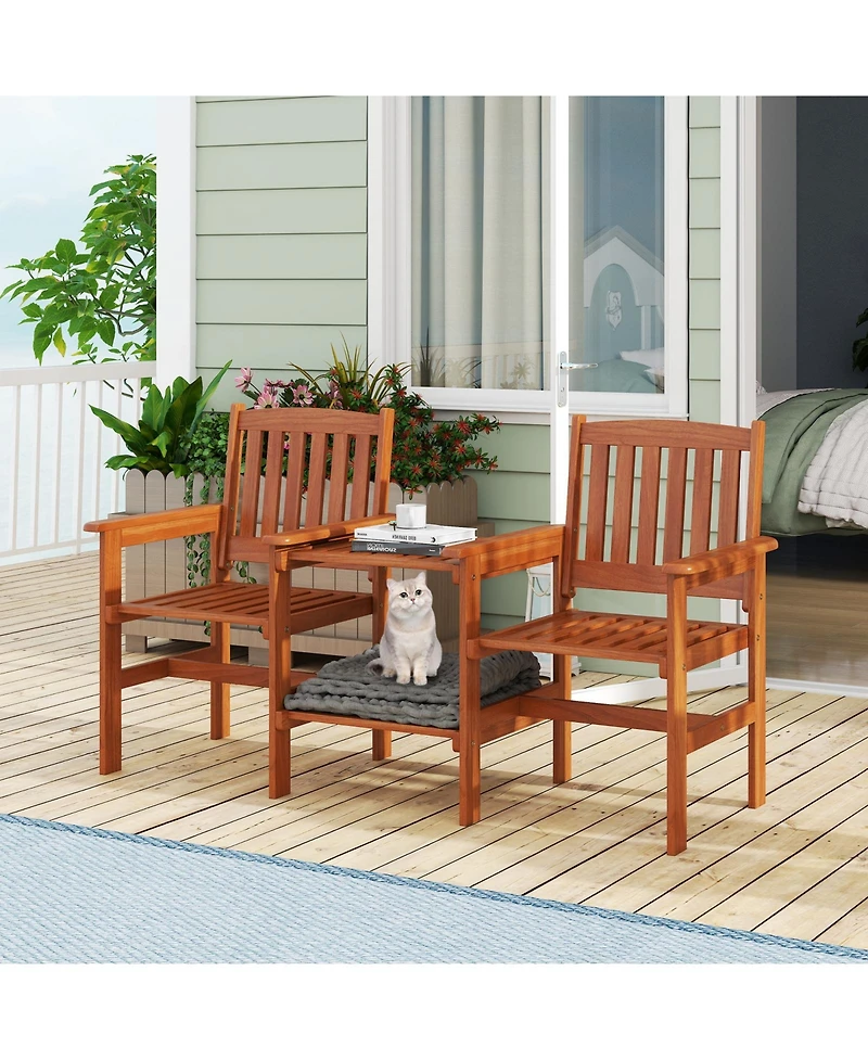 Gymax Outdoor Wood Bench Loveseat with Built-in Table 1.57'' Umbrella Hole for Porch