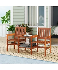 Gymax Outdoor Wood Bench Loveseat with Built-in Table 1.57'' Umbrella Hole for Porch