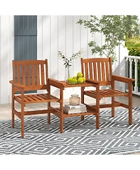 Gymax Outdoor Wood Bench Loveseat with Built-in Table 1.57'' Umbrella Hole for Porch