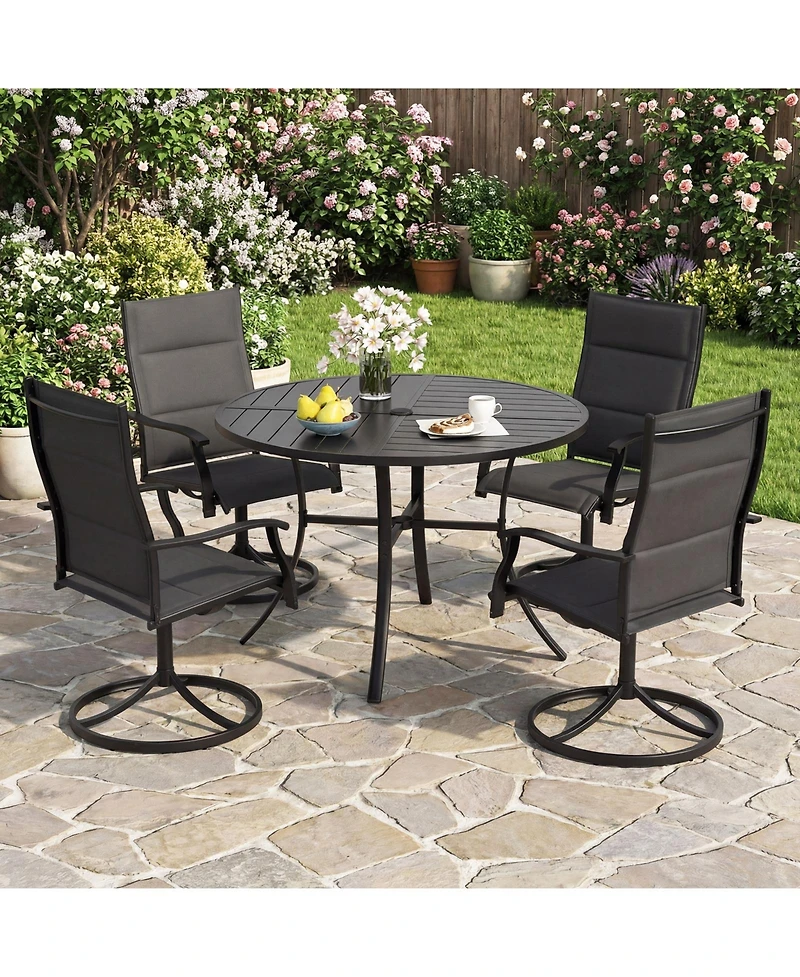 Gymax Patio Dining Table 42.5'' Round Metal Slat Table with Umbrella Hole Outdoor