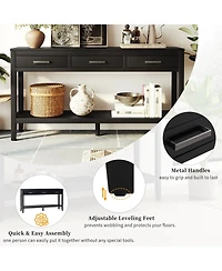 Rainsken 59" Farmhouse Entryway Table, with 3 Storage Drawers, Bottom Shelf and Iron Handles, for Living Room, Hallway, Kitchen, Bedroom