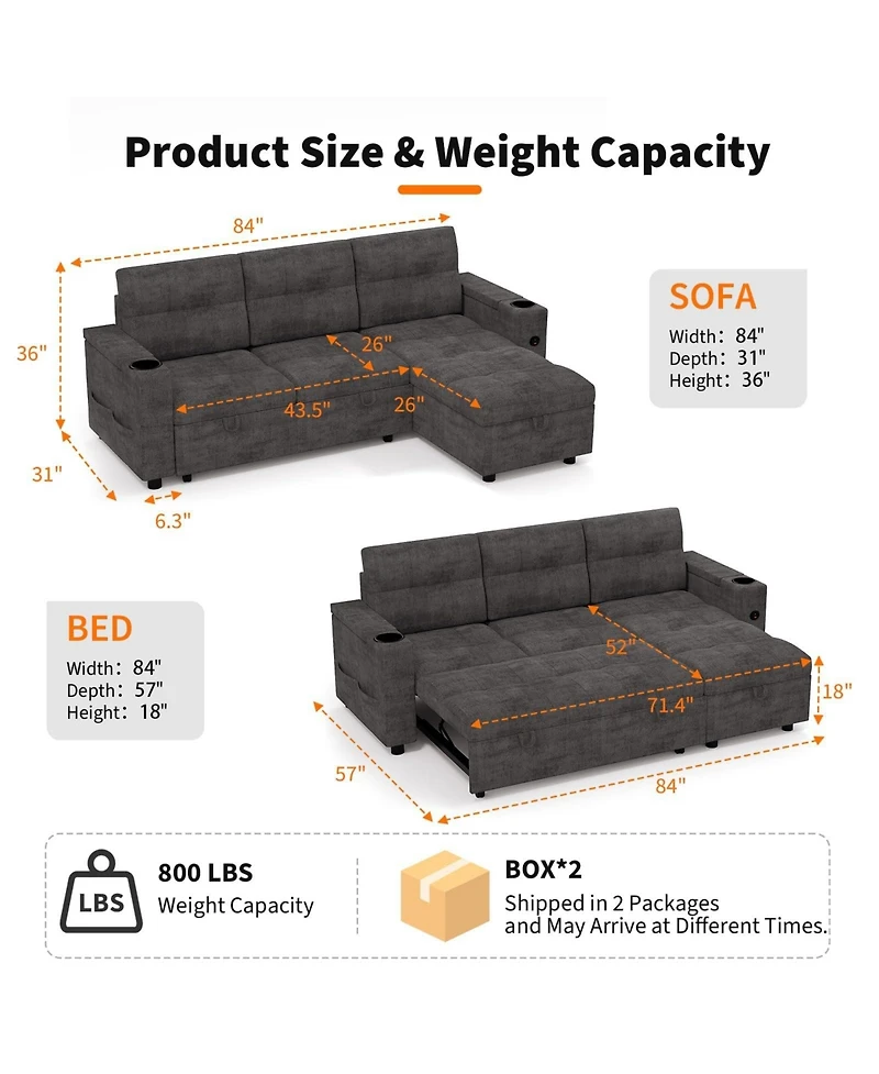 homfan Velvet Sectional Sofa Bed – Chaise Lounge Sleeper Couch with Usb Ports and Cup Holders for Living Room