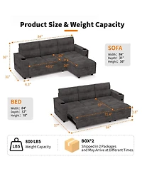 homfan Velvet Sectional Sofa Bed – Chaise Lounge Sleeper Couch with Usb Ports and Cup Holders for Living Room