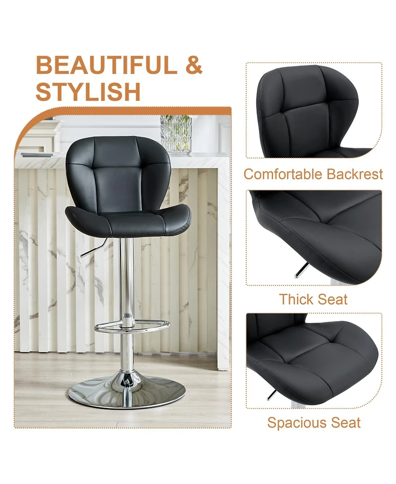 Rainsken Set of 2 Height Adjustable Bar Stools, with Chrome-Plated Metal Base, Pu Upholstered Tufted Backrest Chairs, for Bar Kitchen Dining Room
