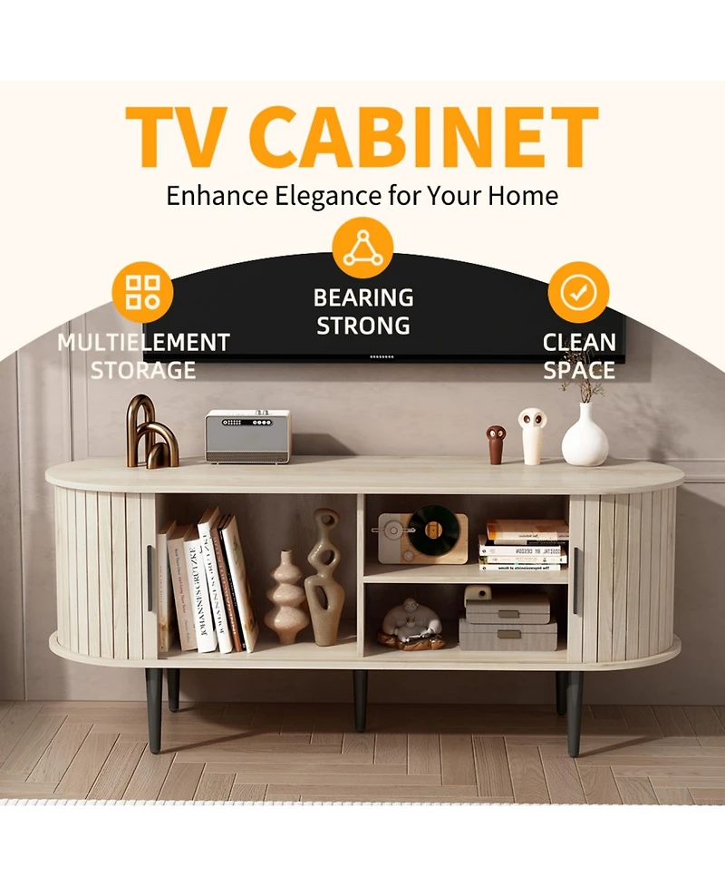 Rainsken 55" Modern Tv Stand, with Storage Compartment and Sliding Door, Entertainment Center Media Console Table, for Living room, Bedroom
