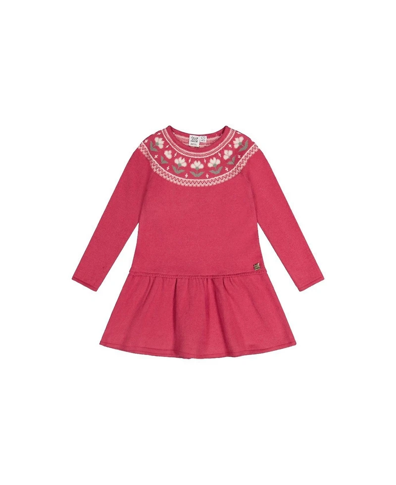 Deux par Deux Toddler Girls Knitted Dress with Flower Jacquard Raspberry