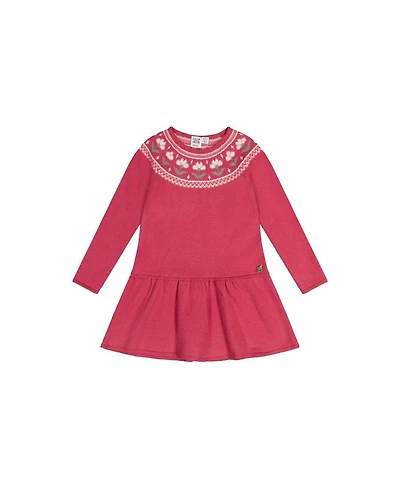 Deux par Deux Toddler Girls Knitted Dress with Flower Jacquard Raspberry