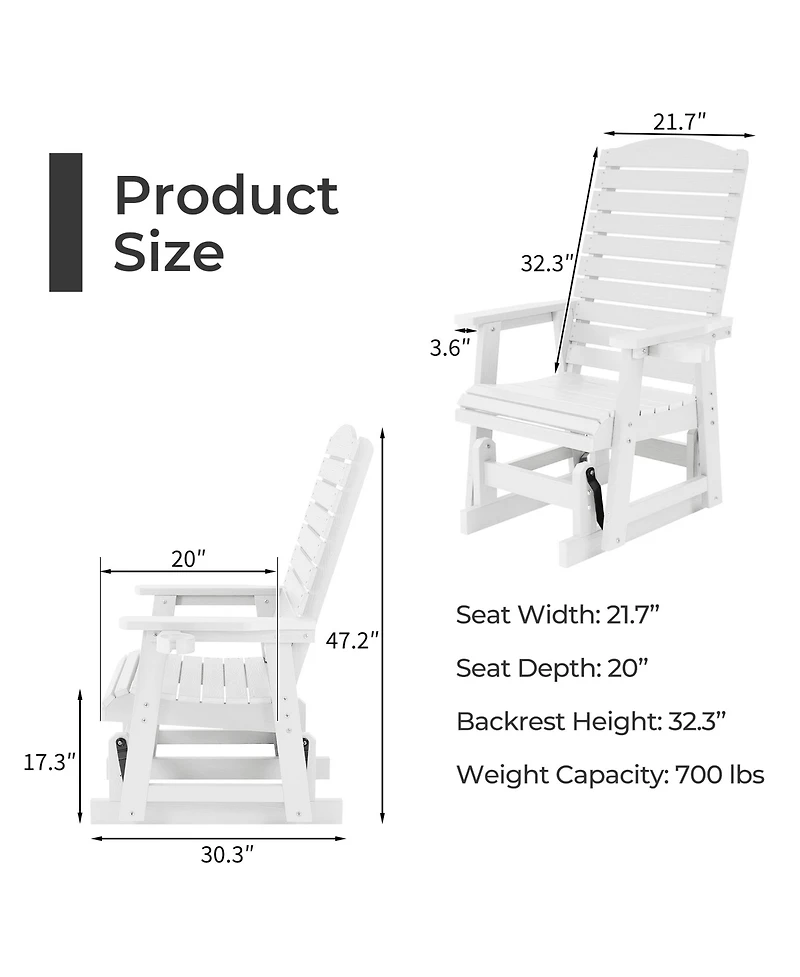 Mega Casa Poly Lumber Patio Glider for One Person, with Cup Holders, High Backrest and Deep Contoured Seat, Hips Material, All-Weather Resistant