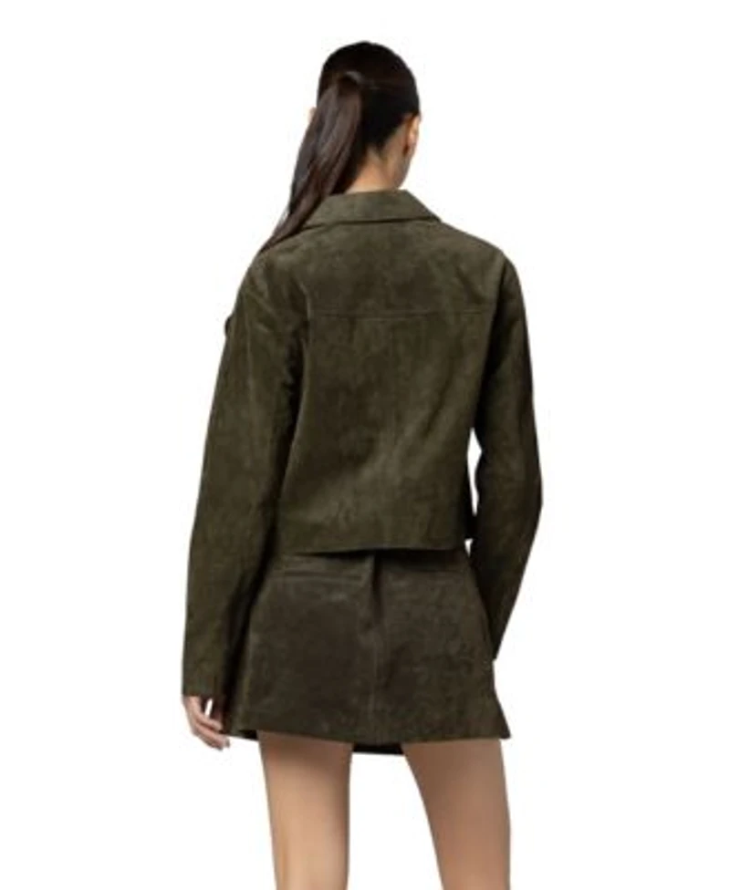 Collared Suede Jacket Leather A Line Skirt