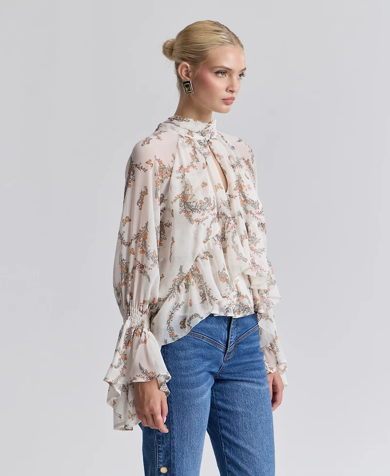Avec Les Filles Women's Floral High-Neck Puff-Sleeve Top