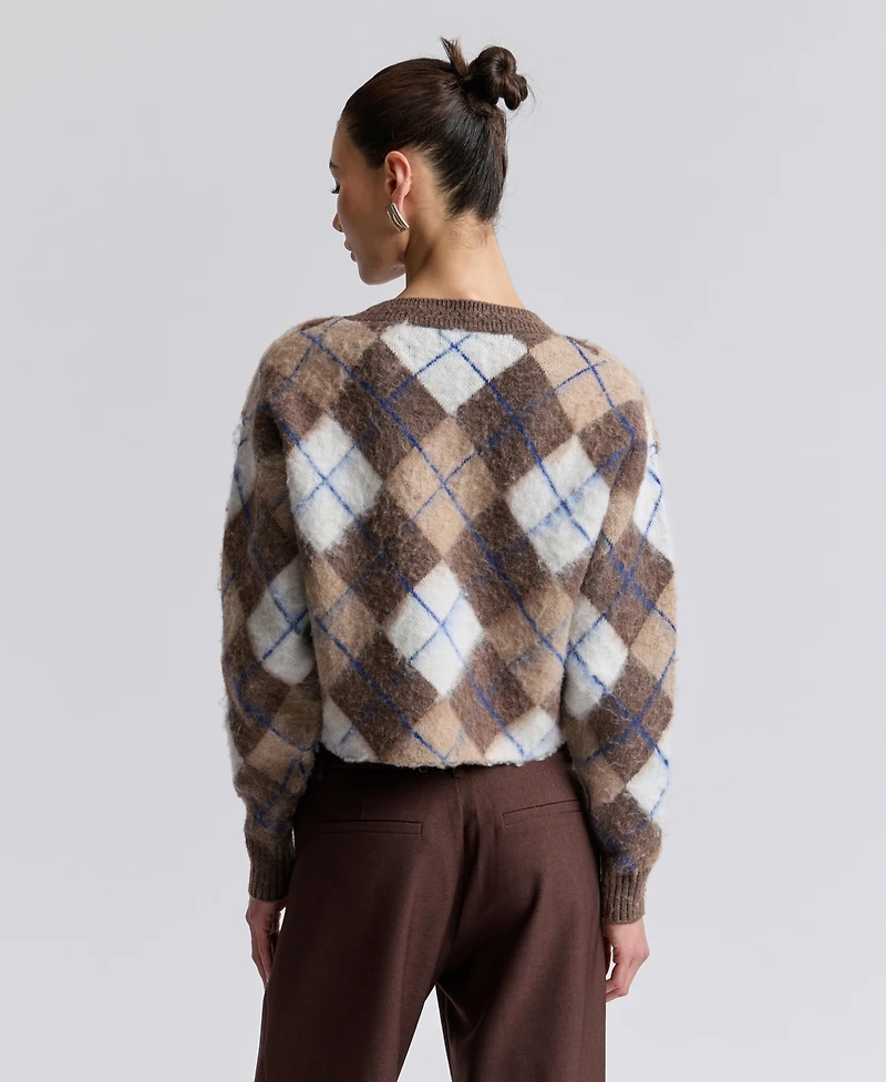 Avec Les Filles Women's Argyle Jacquard Cardigan