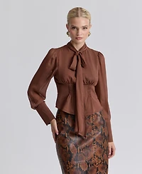 Avec Les Filles Women's Long Puff-Sleeve Scarf Neck Top