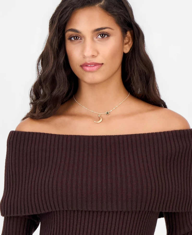 Madden Girl Juniors' Marilyn Striped Off-the-Shoulder Ribbed Pullover
