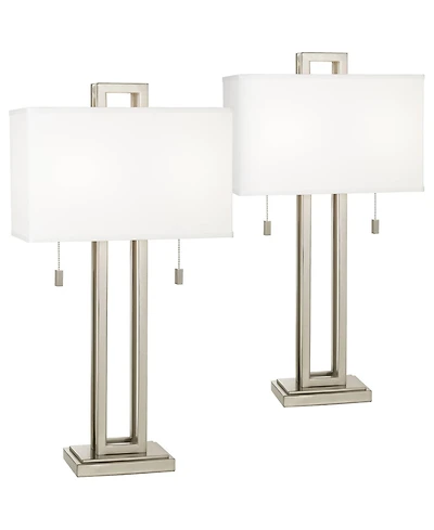 Possini Euro Design Gossard 30" Tall Rectangle Modern End Table Lamps Set of 2 Pull Chain Brushed Nickel Finish Metal