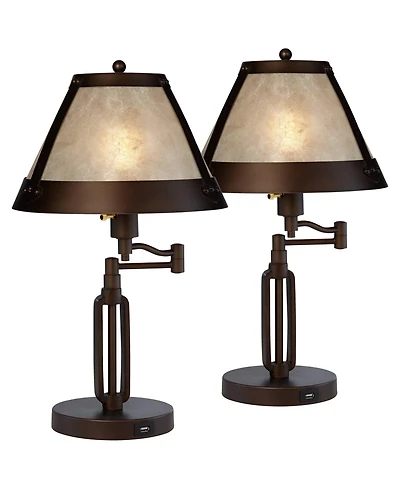 Franklin Iron Works Samuel Industrial Desk Lamps 21 1/4" High Set of 2 Bronze Swing Arm with Usb Charging Port Natural Mica Shade for Living Room Home