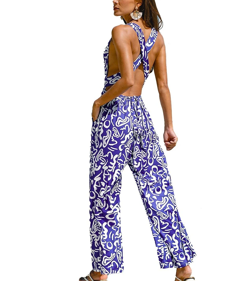 Cupshe Women's Abstract Print Sleeveless V-Neck Tie Waist Wide Leg Jumpsuit