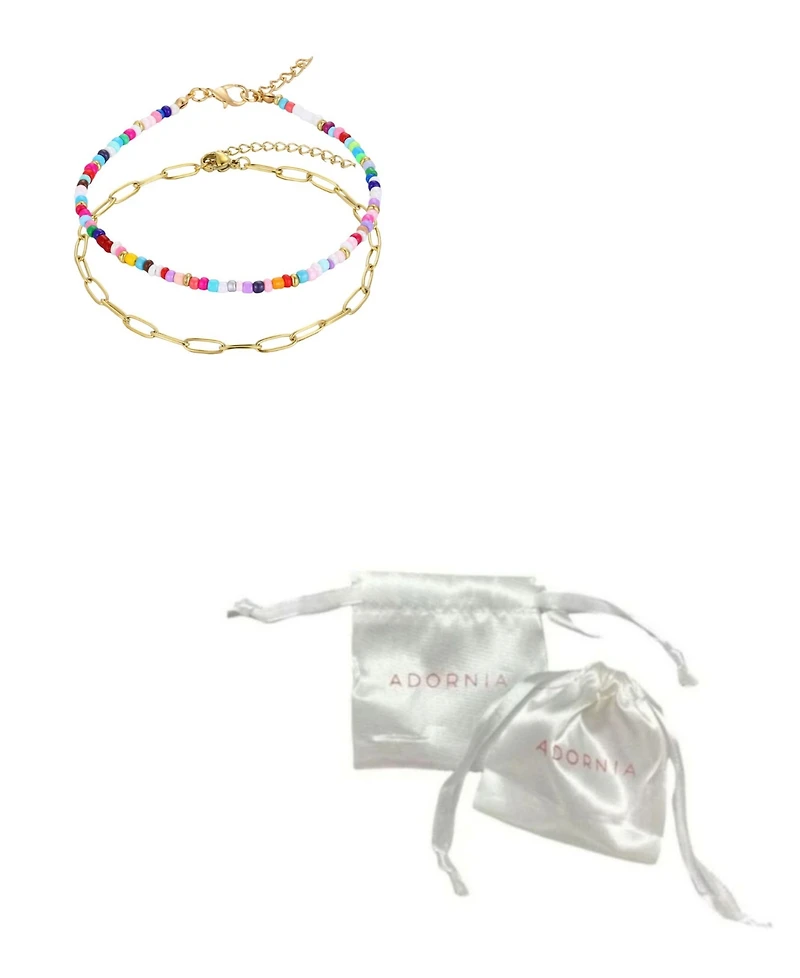 Adornia Tarnish Resistant Gold Paperclip and Color Bead Anklet Set