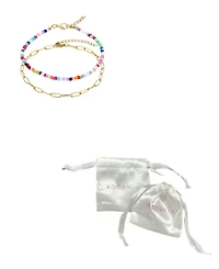 Adornia Tarnish Resistant Gold Paperclip and Color Bead Anklet Set