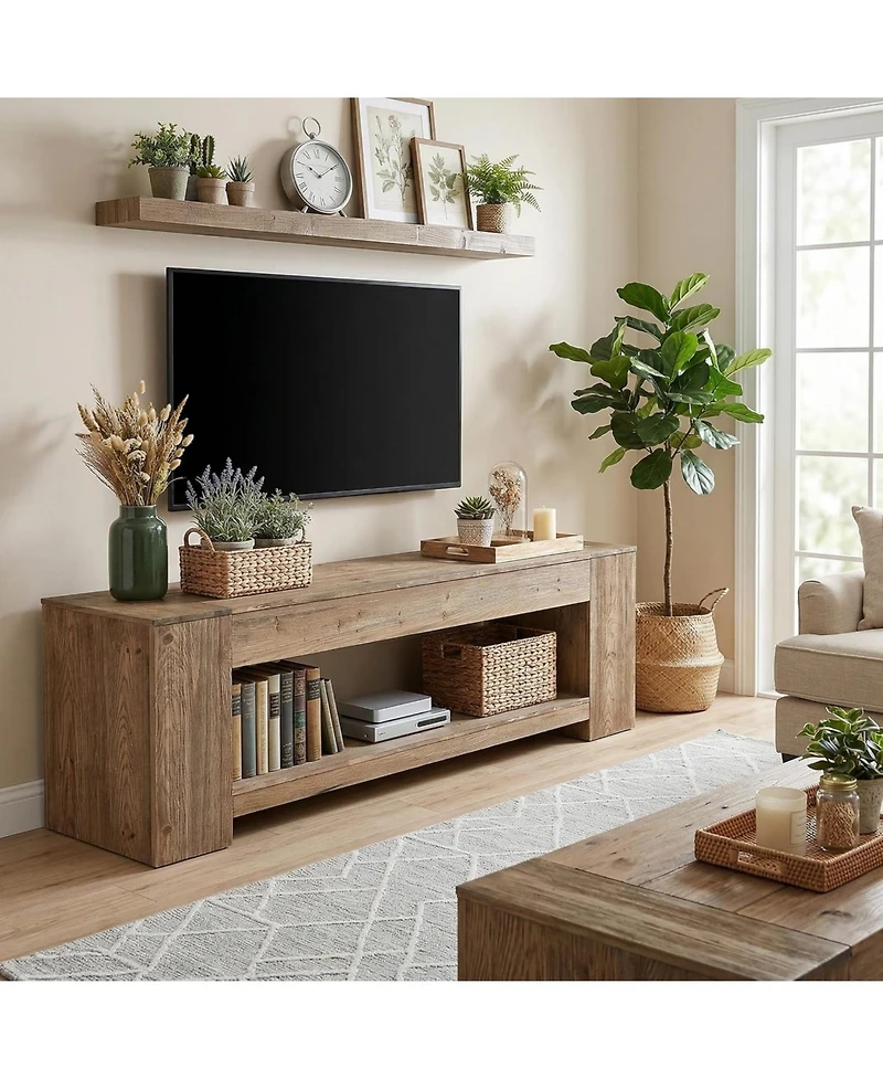 Tribesigns 63" Solid Wood Tv Stand for TVs up to 75 Inches, Farmhouse Long Entertainment Center with Open Storage Shelf