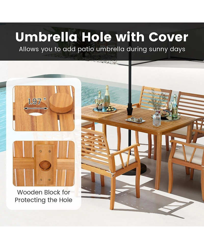 Gymax 63'' Outdoor Dining Table Umbrella Hole Slatted Tabletop for Backyard