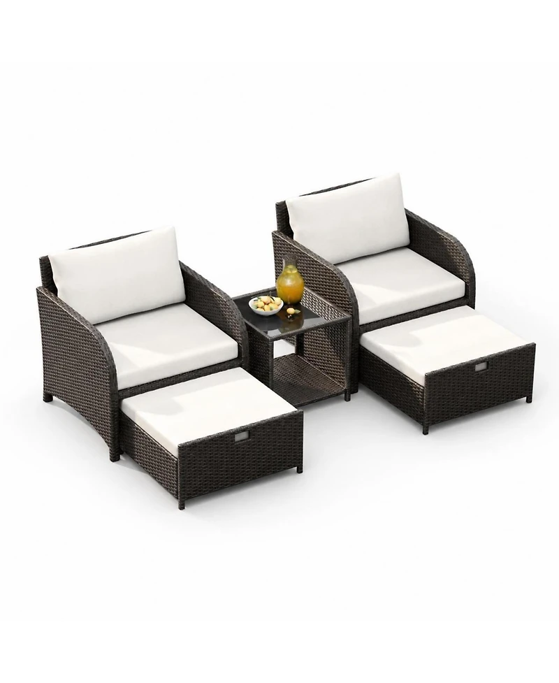homfan 5 Piece Outdoor Patio Set, Pe Wicker Furniture with Hidden Ottomans, Cushions and Glass Coffee Table, for Porch and Backyard