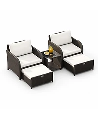 homfan 5 Piece Outdoor Patio Set, Pe Wicker Furniture with Hidden Ottomans, Cushions and Glass Coffee Table, for Porch and Backyard