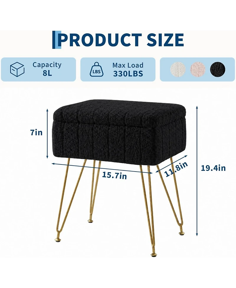 gaomon Vanity Stool with Storage, Faux Fur Ottoman with Metal Legs and Anti-Slip Feet