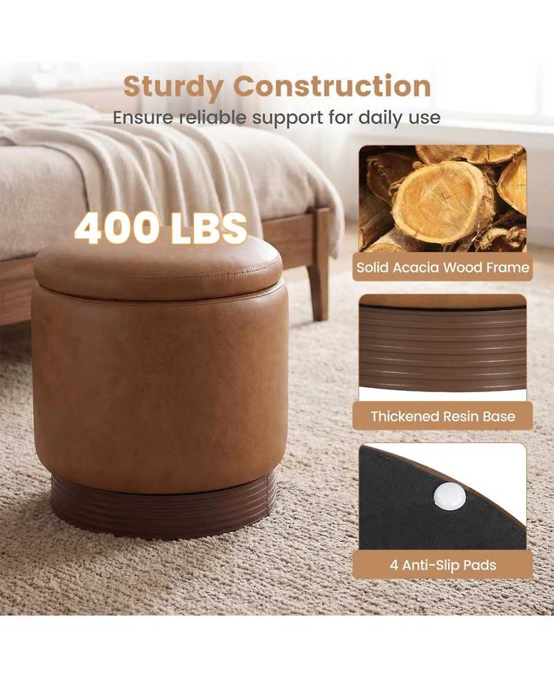 Slickblue Round Ottoman with Hidden Storage and Acacia Wood Frame for Living Room